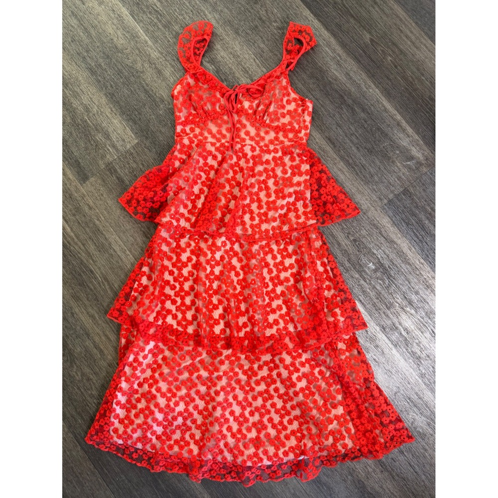 Lulus Someday Swoon Red Floral Embroidered Tiered Midi Dress Ruffle Strap Size M - Picture 3 of 8